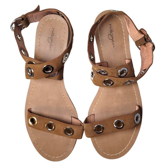 Halogen Sandals Womens 10M Ankle Straps Tan Leather Silver Grommets Boho Hippie - Picture 2 of 8